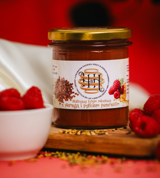 Malinowy krem miodowy z pierzgą pszczelą i pyłkiem kwiatowym 420g